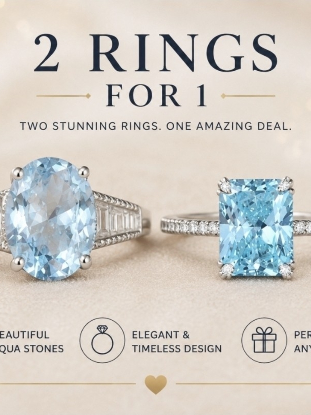 Two-Piece Aqua Blue Gemstone Ring Set - Elegant Silver Bands